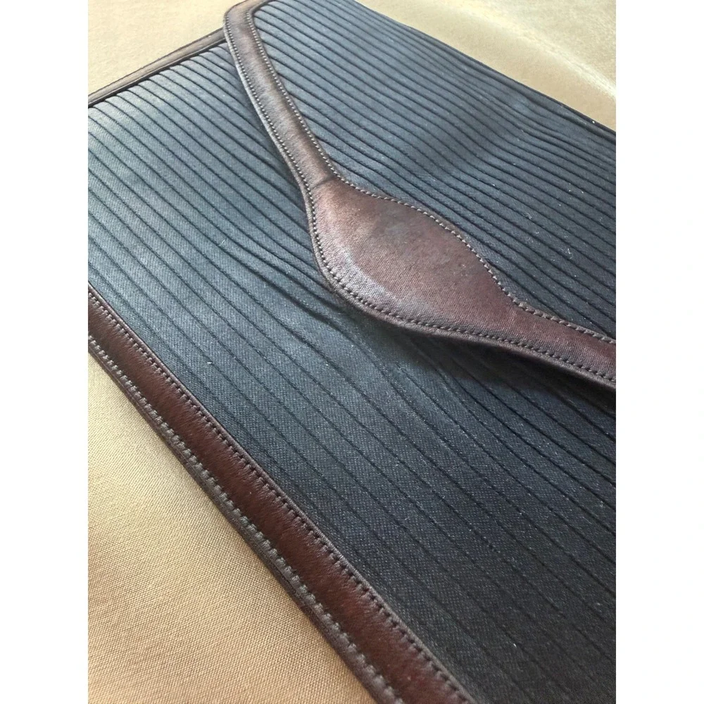 Lederer de Paris Vintage Black Pleated Silk Envelope Clutch Brown Leather Trim